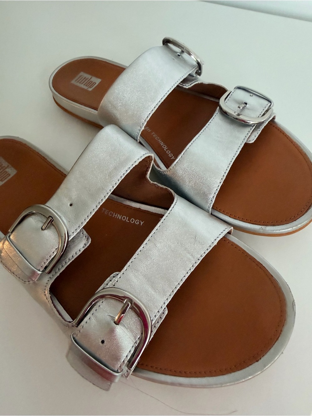 Fitflop size 9 Metallic Silver Double-Buckle Slide Sandals